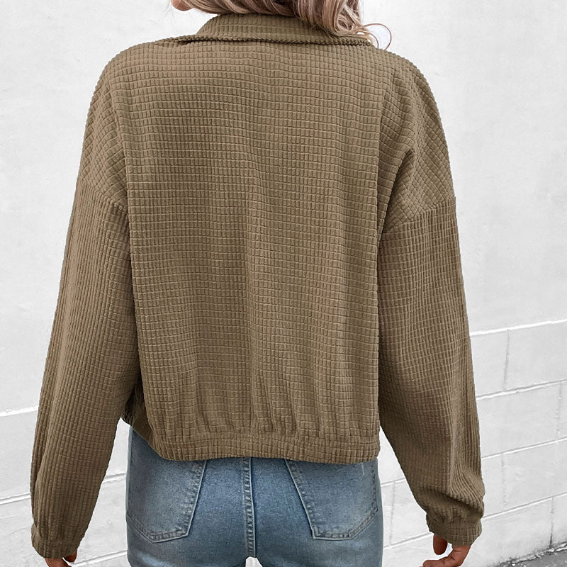 Damen Kurz geschnittene Waffelstruktur-Jacke mit Stehkragen und Reißverschluss Shop Nory