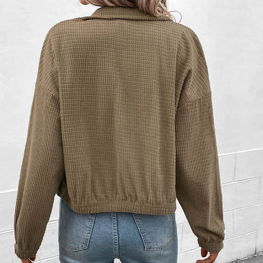 Damen Kurz geschnittene Waffelstruktur-Jacke mit Stehkragen und Reißverschluss Shop Nory