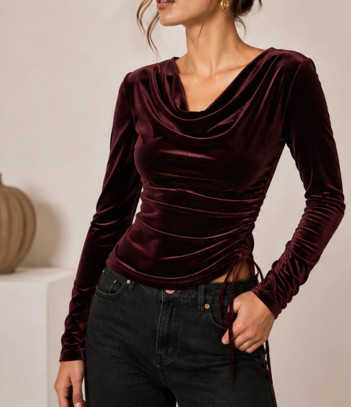 Damen Samtoberteil mit Wasserfallkragen, seitlicher Raffung und Schnürdetail Shop Nory