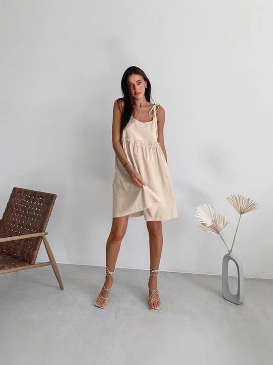 Damen lässiges Spaghettiträger-Kleid mit elastischem Bund und dekorativen Schleifen