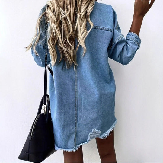 Damen Oversize-Denim-Hemdjacke mit Fransen-Saum, Brusttaschen und Destroyed-Detail Shop Nory
