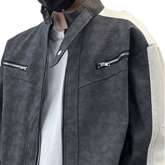 Herren Kontrastärmeliges Oversized Kunstleder-Utility-Jacke mit Stehkragen Shop Nory