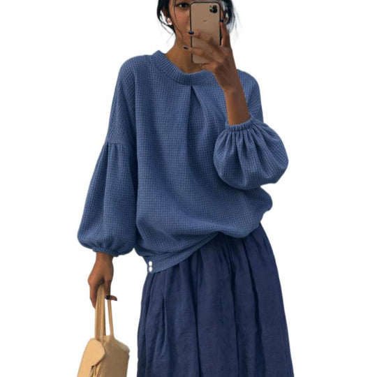 Damen Oversize Waffelstrickpullover mit Ballonärmeln und Kellerfalte Shop Nory