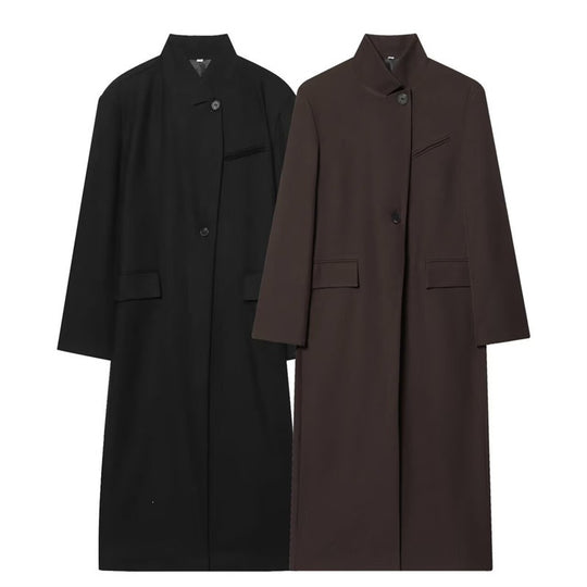Damen Langer Mantel mit Mandarin-Kragen, minimalistischer Silhouette und verdeckter Knopfleiste Shop Nory