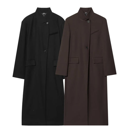 Damen Langer Mantel mit Mandarin-Kragen, minimalistischer Silhouette und verdeckter Knopfleiste Shop Nory