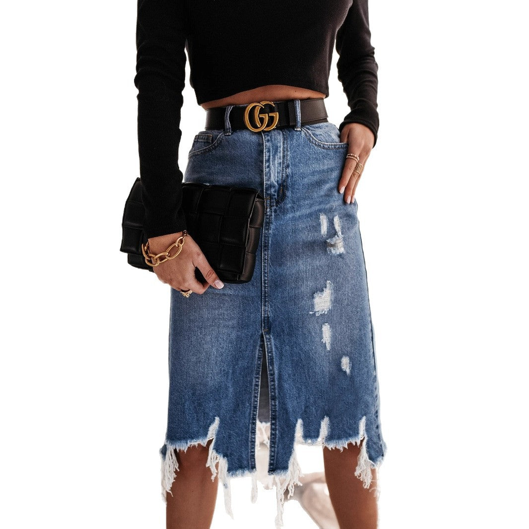 Damen Midi-Denimrock mit fransigem Saum und vertikalem Schlitz