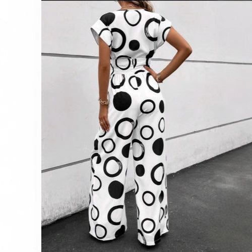 Damen Jumpsuit mit modernem Kreismuster und Taillengürtel