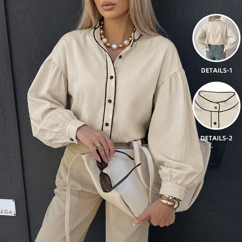 Damen Bluse mit Stehkragen, kontrastierender Paspelierung und Ballonärmeln Shop Nory