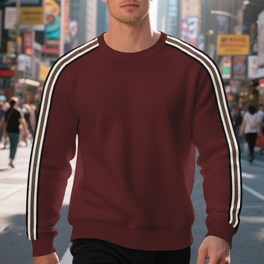 Herren Waffelstrick-Pullover mit kontrastierenden Ärmelstreifen und Rundhalsausschnitt Shop Nory