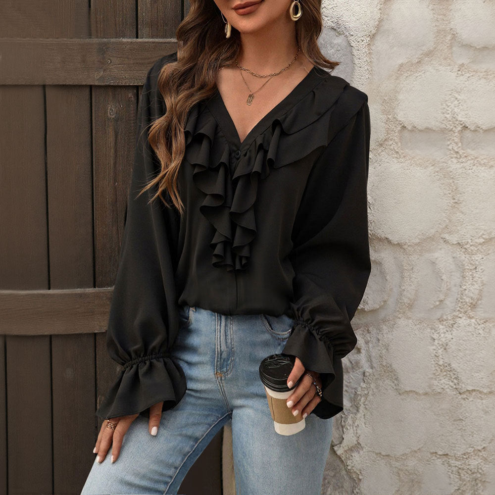 Damen feminine Rüschenbluse mit V-Ausschnitt Volantreihe und Glockenärmeln Shop Nory