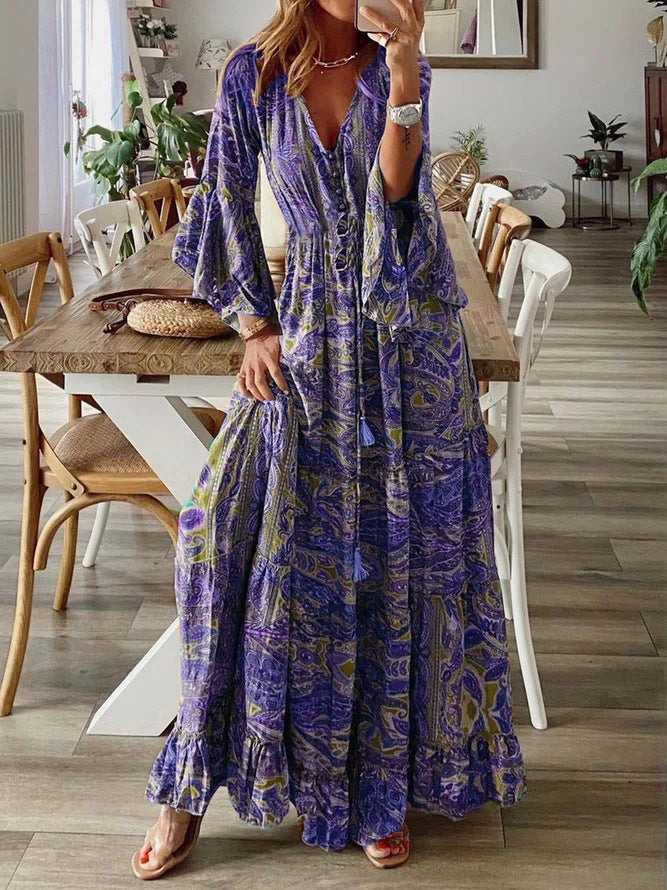 Damen Boho Maxikleid mit Paisley-Print, V-Ausschnitt, Stufenrock und Bindegürtel Shop Nory