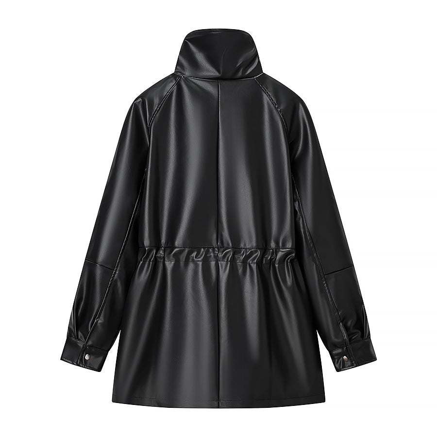 Damen Wasserabweisende Parka‑Jacke aus Kunstleder mit hohem Stehkragen und Tunnelzugtaillierung Shop Nory