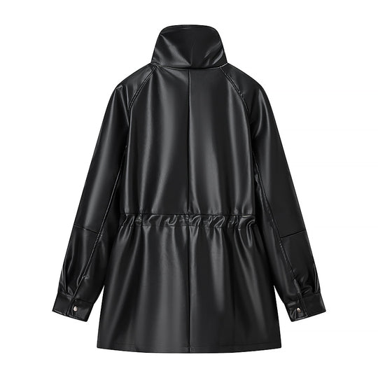 Damen Wasserabweisende Parka‑Jacke aus Kunstleder mit hohem Stehkragen und Tunnelzugtaillierung Shop Nory