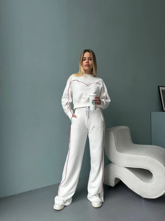 Damen kurzes Oversize-Sweatshirt mit Kordelzug-Jogginghose und Kontrastnähten Shop Nory