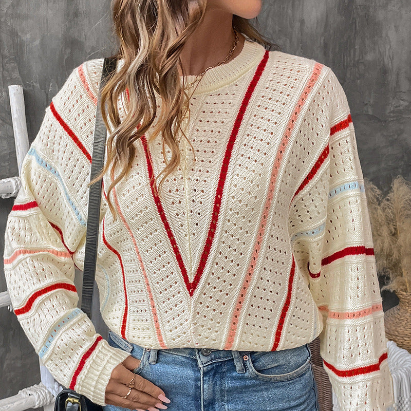 Damen Oversize-Ajourstrickpullover mit V-Streifen-Design Shop Nory