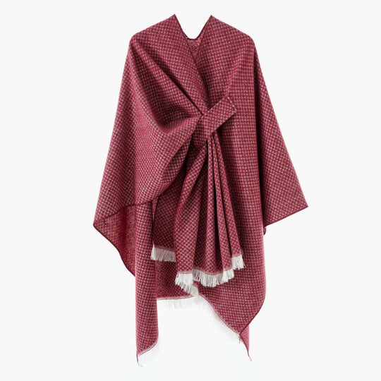 Damen Kastenförmiger Wickelponcho aus Wollmix mit Hahnentritt und Fransensaum Shop Nory