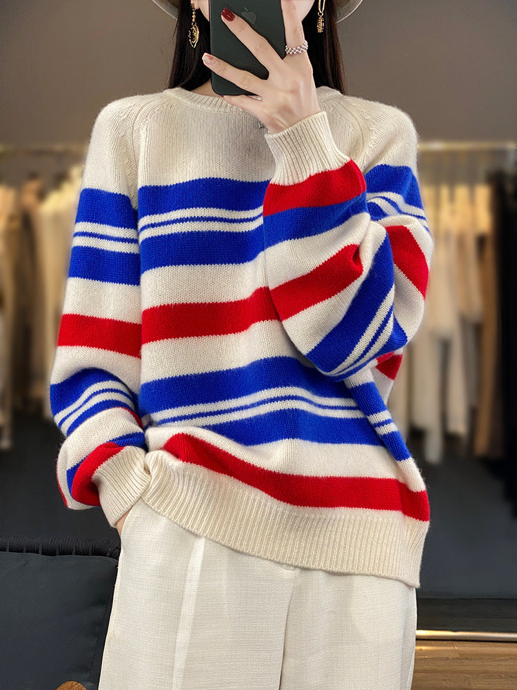 Damen Oversize-Streifenpullover aus weichem Wollmix mit maritimer Blockstreifen und Rundhals Shop Nory