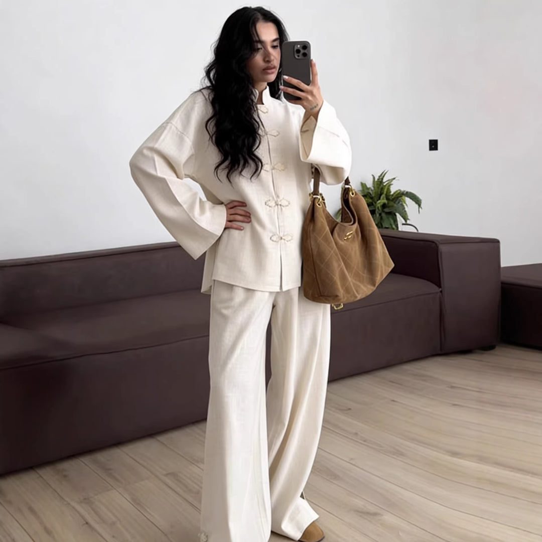 Damen Oversized Mandarinjacke mit Knotenverschlüssen und weitem Arm Shop Nory