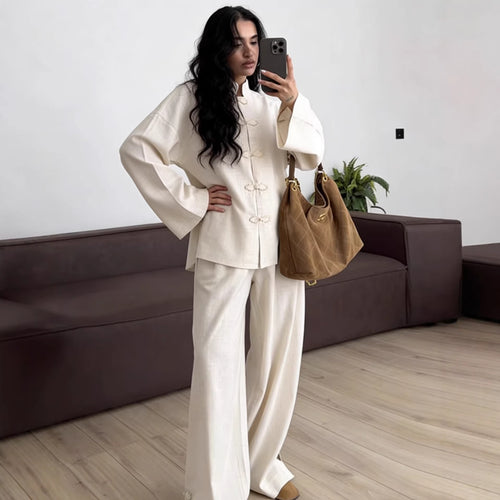 Damen Oversized Mandarinjacke mit Knotenverschlüssen und weitem Arm Shop Nory