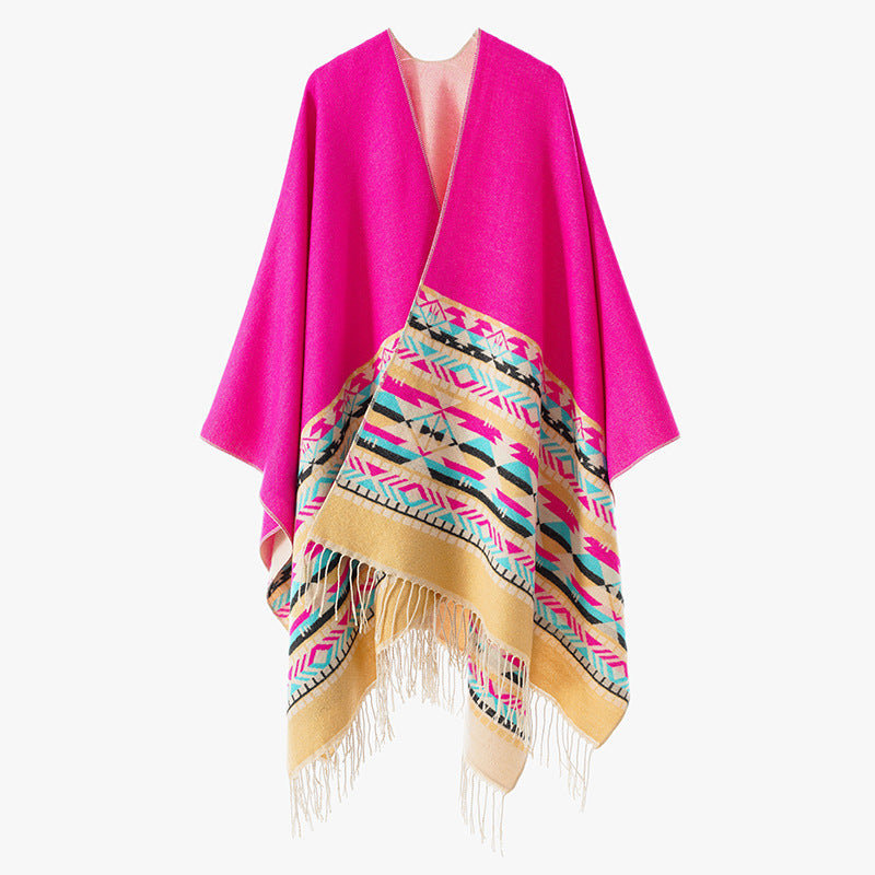 Damen V-Kragen-Überwurfponcho im Kimono-Fall mit Ethno-Bordüre und Fransensaum Shop Nory