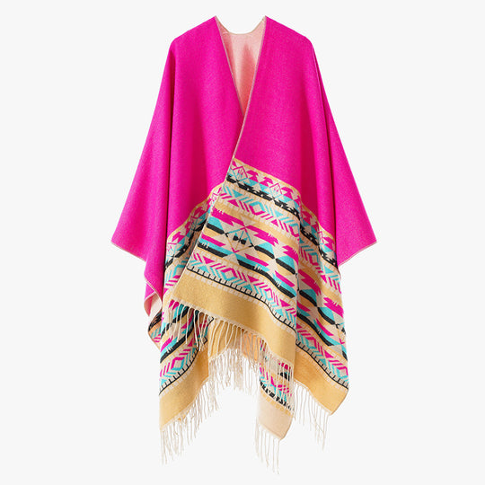 Damen V-Kragen-Überwurfponcho im Kimono-Fall mit Ethno-Bordüre und Fransensaum Shop Nory