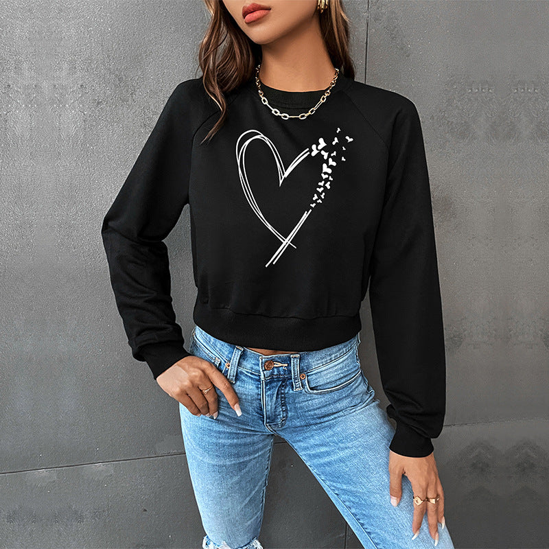Damen Kurz geschnittenes Sweatshirt mit Herz-Print, Rundhalsausschnitt und Rippbündchen Shop Nory