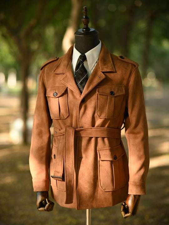 Herren Veloursleder-Safari-Jacke mit Taillengürtel und Pattentaschen Shop Nory