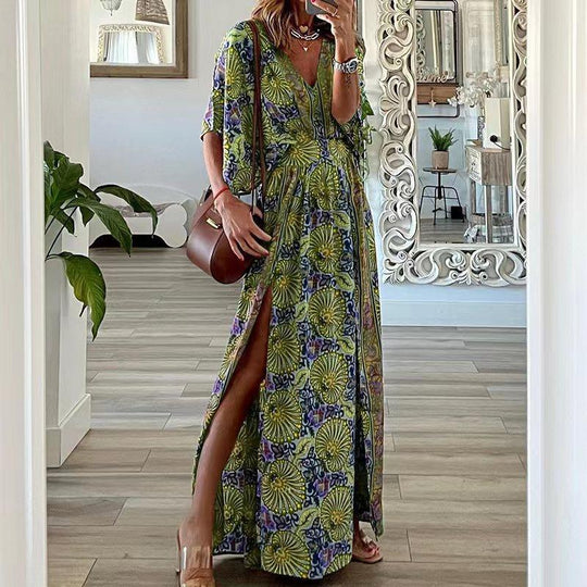 Damen Maxikleid im Boho-Stil mit Wickeleffekt, V-Ausschnitt und hohem Beinschlitz Shop Nory