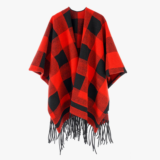 Damen Capeponcho im Plaid-Wickelstil aus Wollmix mit Fransensaum Shop Nory