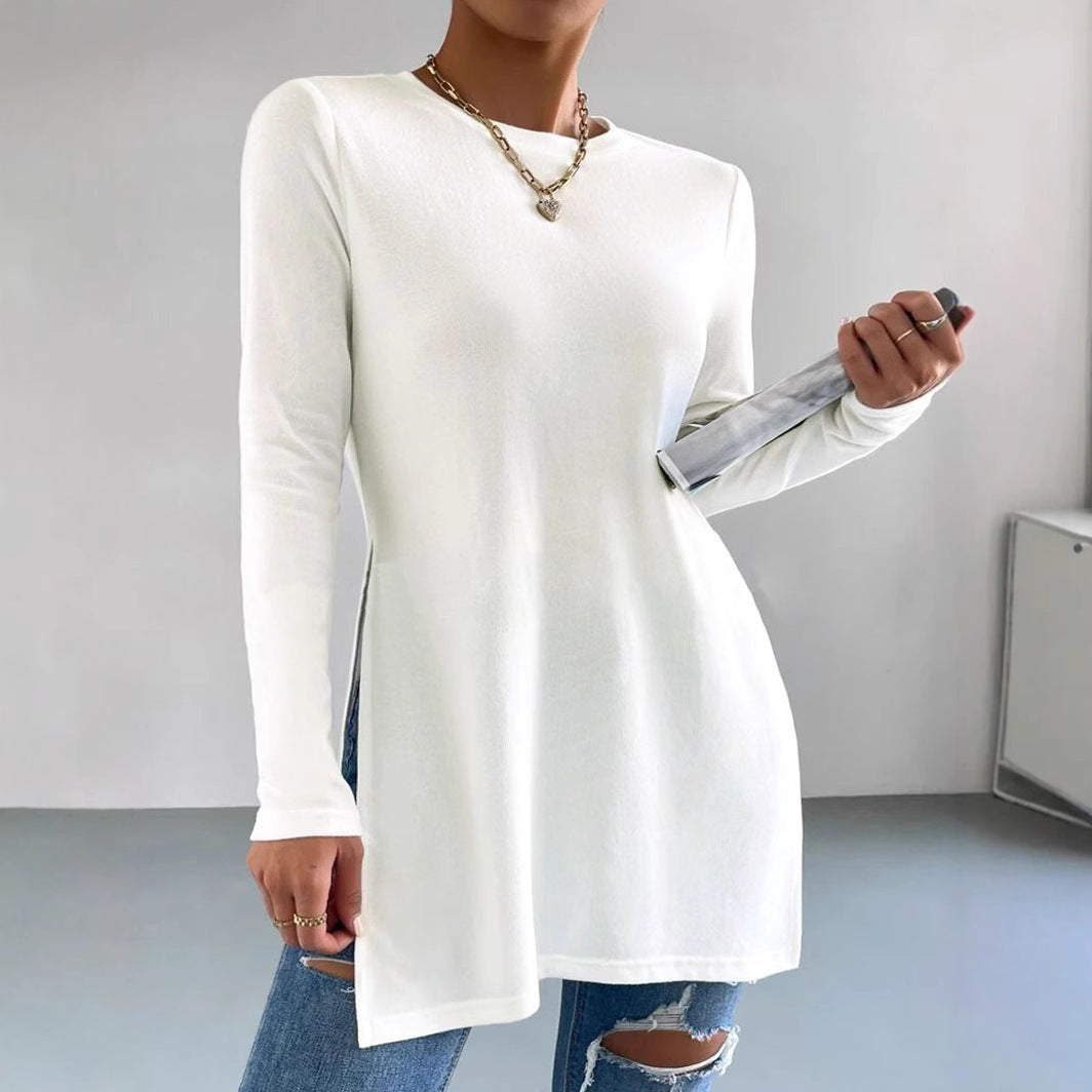 Damen Langes Feinstrick-Tunika-Shirt mit Seitenschlitzen und gerundetem Saum Shop Nory