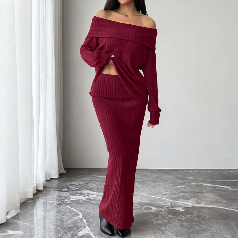 Damen Schulterfreies Rippstrick-Set mit Off-Shoulder-Oberteil und figurbetontem Maxirock Shop Nory
