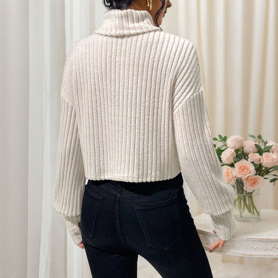 Damen geripptes Cropped‑Rollkragenpullover mit überschnittenen Schultern und voluminösen Ärmeln Shop Nory