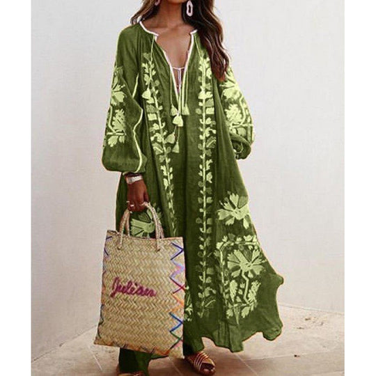 Damen Besticktes Boho-Maxikleid mit Ballonärmeln und Quastenverschluss Shop Nory