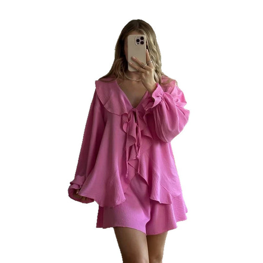 Damen Verspieltes Rüschenset aus leichter Crêpe-Qualität mit Bindebluse und A-Linien Minirock Shop Nory