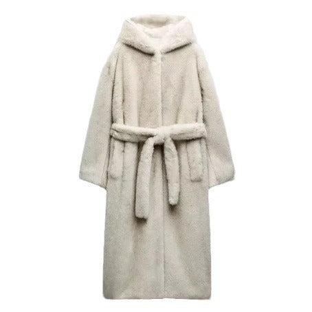 Damen Langer Teddy-Kunstfellmantel mit Bindegürtel und Oversize-Silhouette Shop Nory