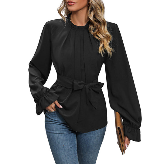 Damen Raffinierte Langarmbluse mit Rüschenkragen, Kellerfalten und Taillenband Shop Nory