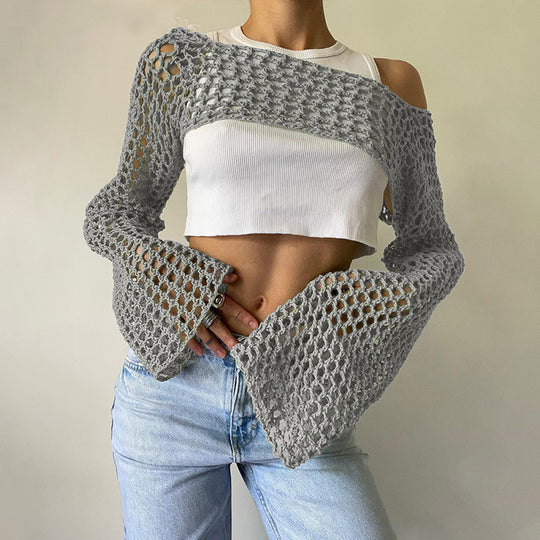 Damen gehäkelter kurzer Bolero mit asymmetrischem Schulterauschnitt und ausgestellten Ärmeln Shop Nory