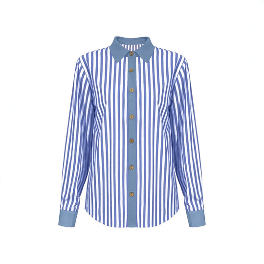 Damen Gestreifte Bluse mit Knotenfront, Kontrastkragen und knöpfbarer Hemdleiste Shop Nory