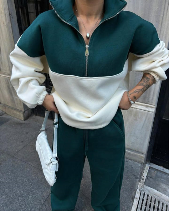 Damen Oversized Zweifarbiges Half-Zip Loungewear-Set mit Stehkragen und weitem Palazzo-Jogger Shop Nory