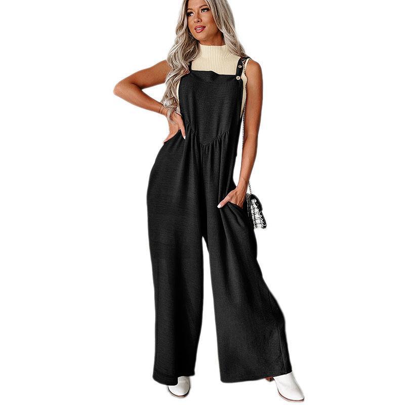 Damen lässiger Jumpsuit mit weit geschnittenem Bein und dekorativen Knopfdetails