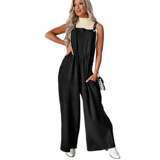 Damen lässiger Jumpsuit mit weit geschnittenem Bein und dekorativen Knopfdetails