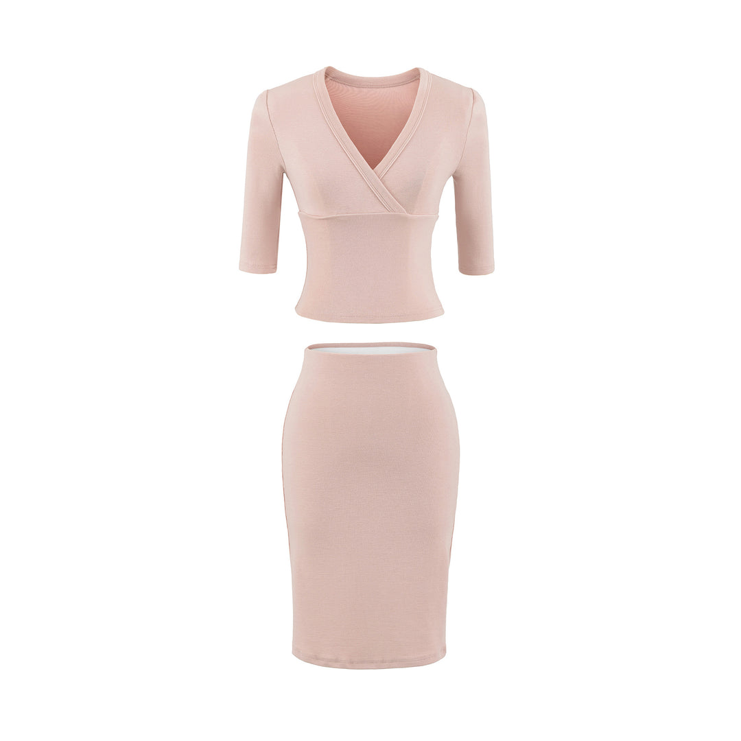 Damen Zweiteiliges figurbetontes Wickel-Top mit Dreiviertelärmeln und Highwaist-Bleistiftrock Shop Nory