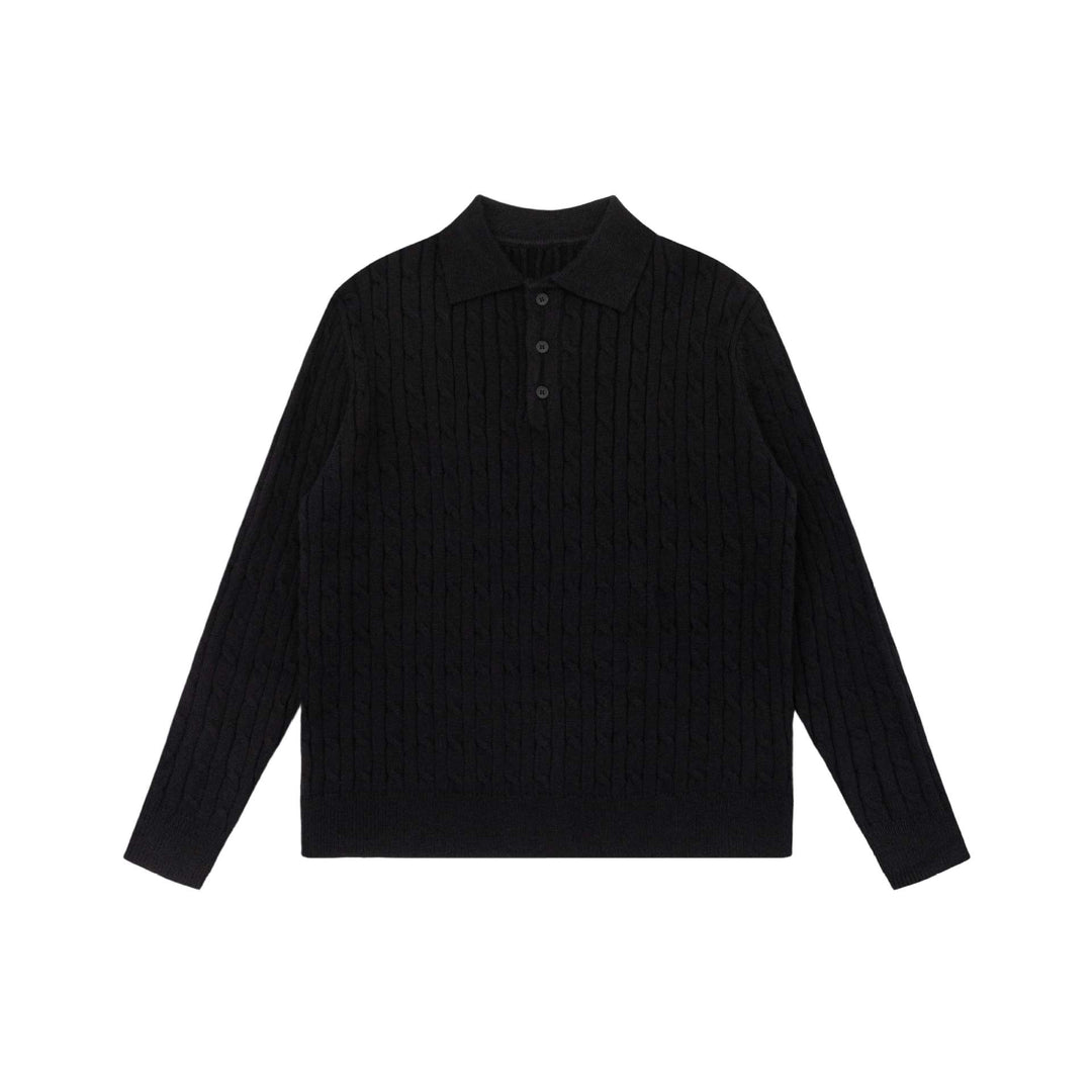 Unisex Grobstrick-Polokragen-Pullover mit Zopfmuster und halber Knopfleiste Shop Nory