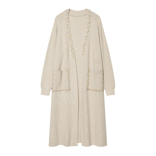 Damen lange offene Strickjacke mit Perlenbesatz und aufgesetzten Taschen Shop Nory