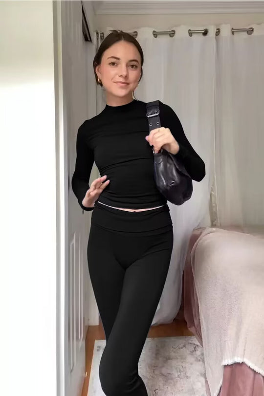 Damen Fitted Langarm Crop Top und Hochbund Leggings Set aus Functional Jersey Shop Nory