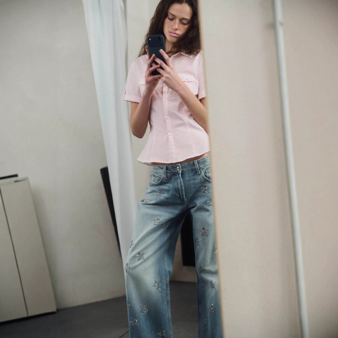 Damen Weite Denim-Jeans mit Sternenbesatz und geradem Bein Shop Nory
