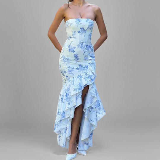 Damen Dramatisches Hochzeitskleid mit Rüschen und Hohem Schlitz Shopnory