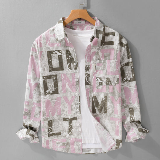 Herren Langarm-Hemdjacke mit großflächigem Typo‑Print aus Baumwollmix Shop Nory