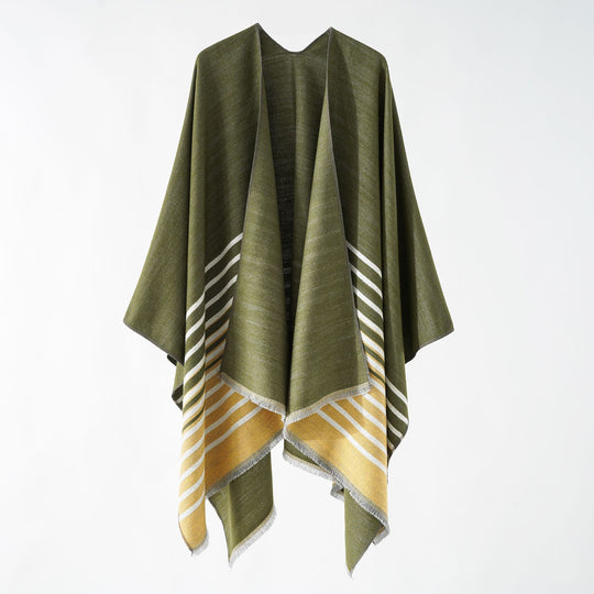 Damen Oversize-Ruana‑Überwurf aus Kaschmir‑Touch Wollmix mit Fransensaum und Streifendetail Shop Nory
