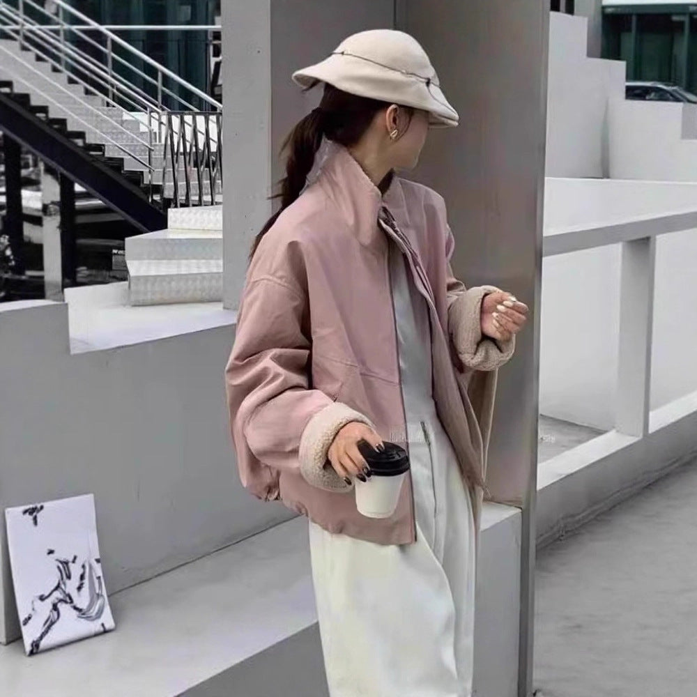 Damen Kurze Oversize Bomberjacke mit Teddyfutter an Bündchen und Stehkragen Shop Nory